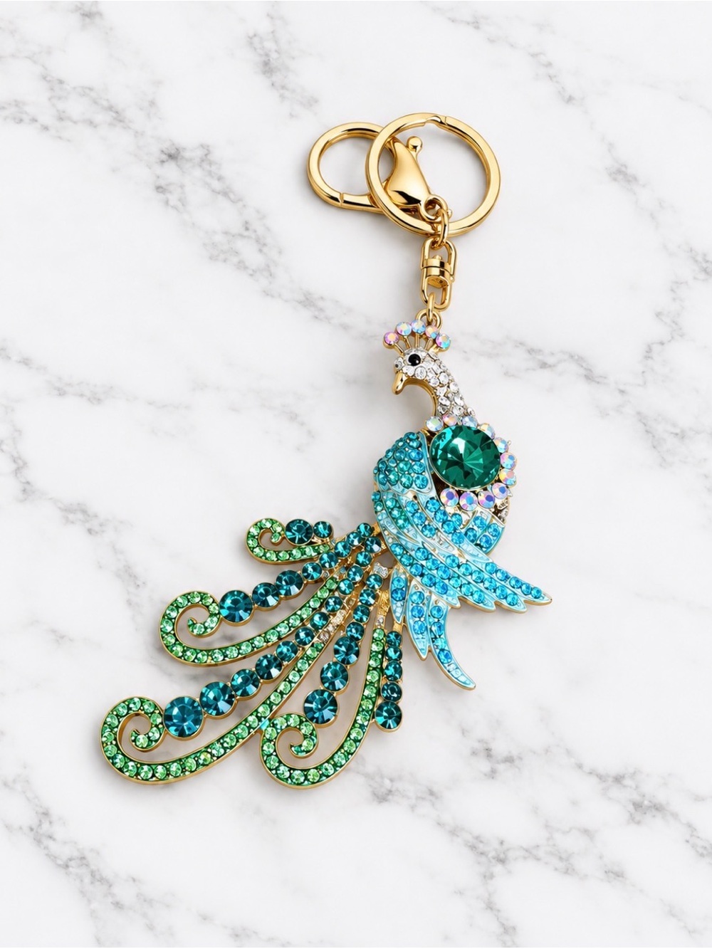 Turquoise Green Crystal Accented Peacock Bag Charm/Keyring-Gold Hardware